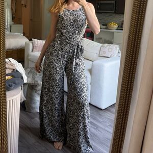 Phanuel Black & White Wide-Leg Jumpsuit – low back Boho Scroll Print palazzo S